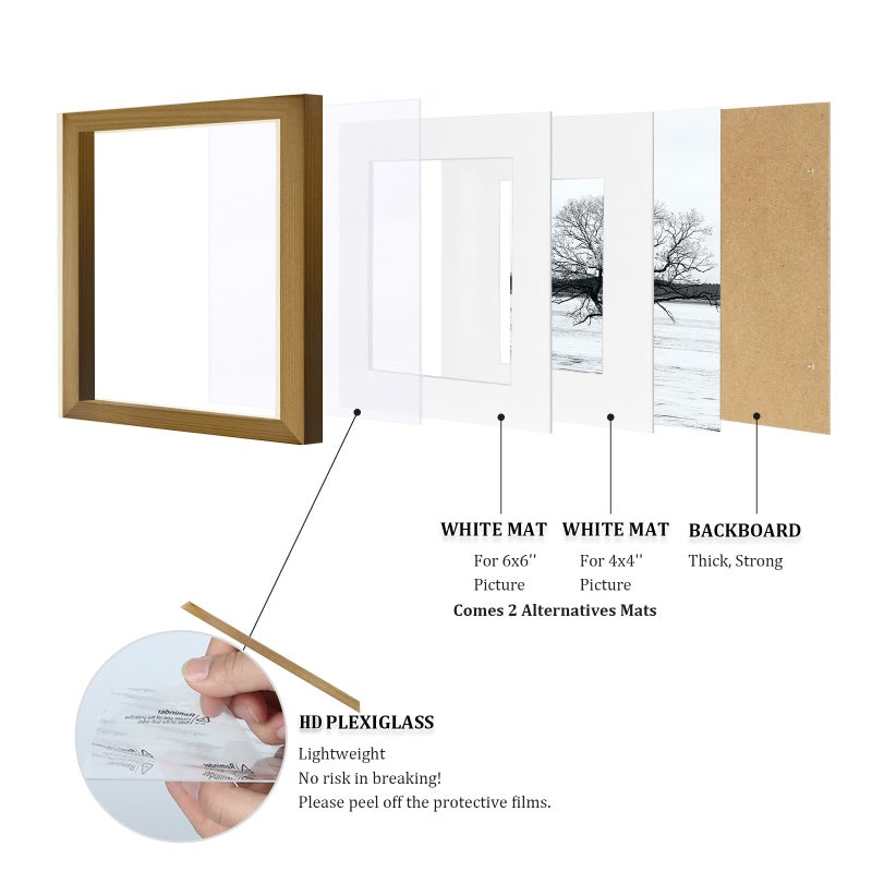Egofine 8x8 Picture Frames 4 Pack Covered by Plexiglass, for Picture 4x4 with Mat or 8x8 whitout Mat Made of Solid Wood for Table Top Display and Wall Mounting Photo Frame, Light Brown - Image 4